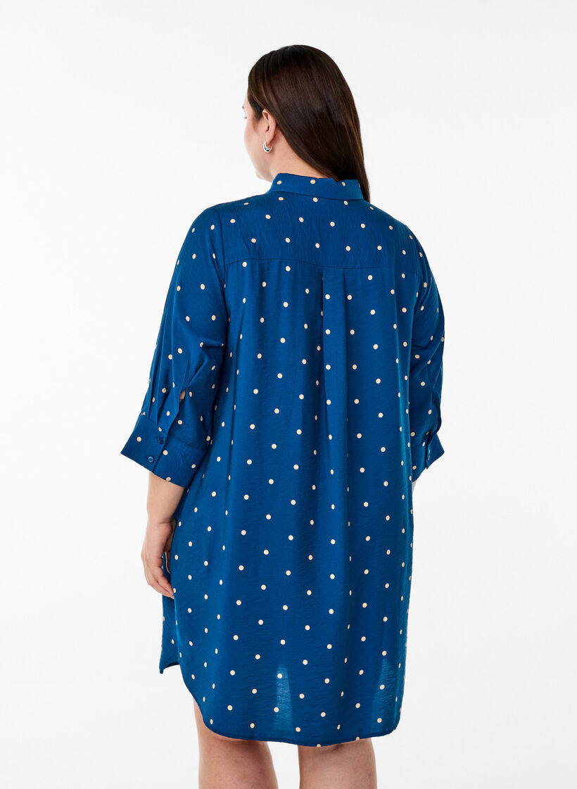 Short dress with collar and chest pocket, Blue, Model image number 2