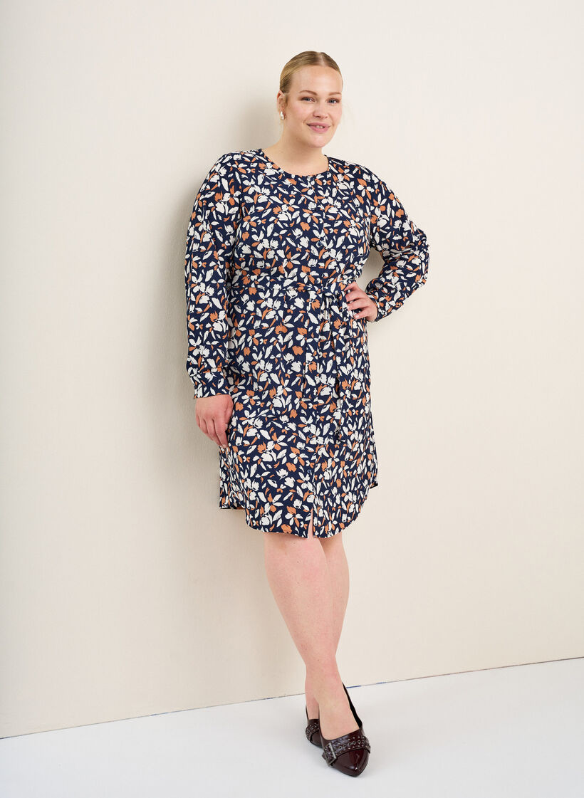 Long-sleeved shirt dress with tie belt, Blue, Image image number 0