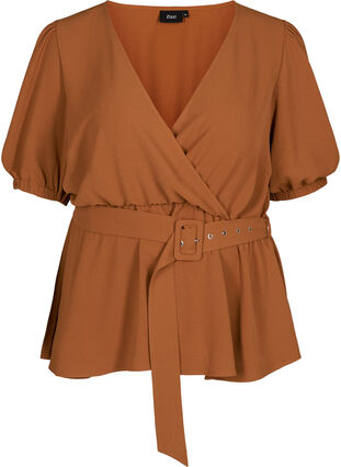 Wrap blouse with puff sleeves, Leather Brown, Packshot image number 0