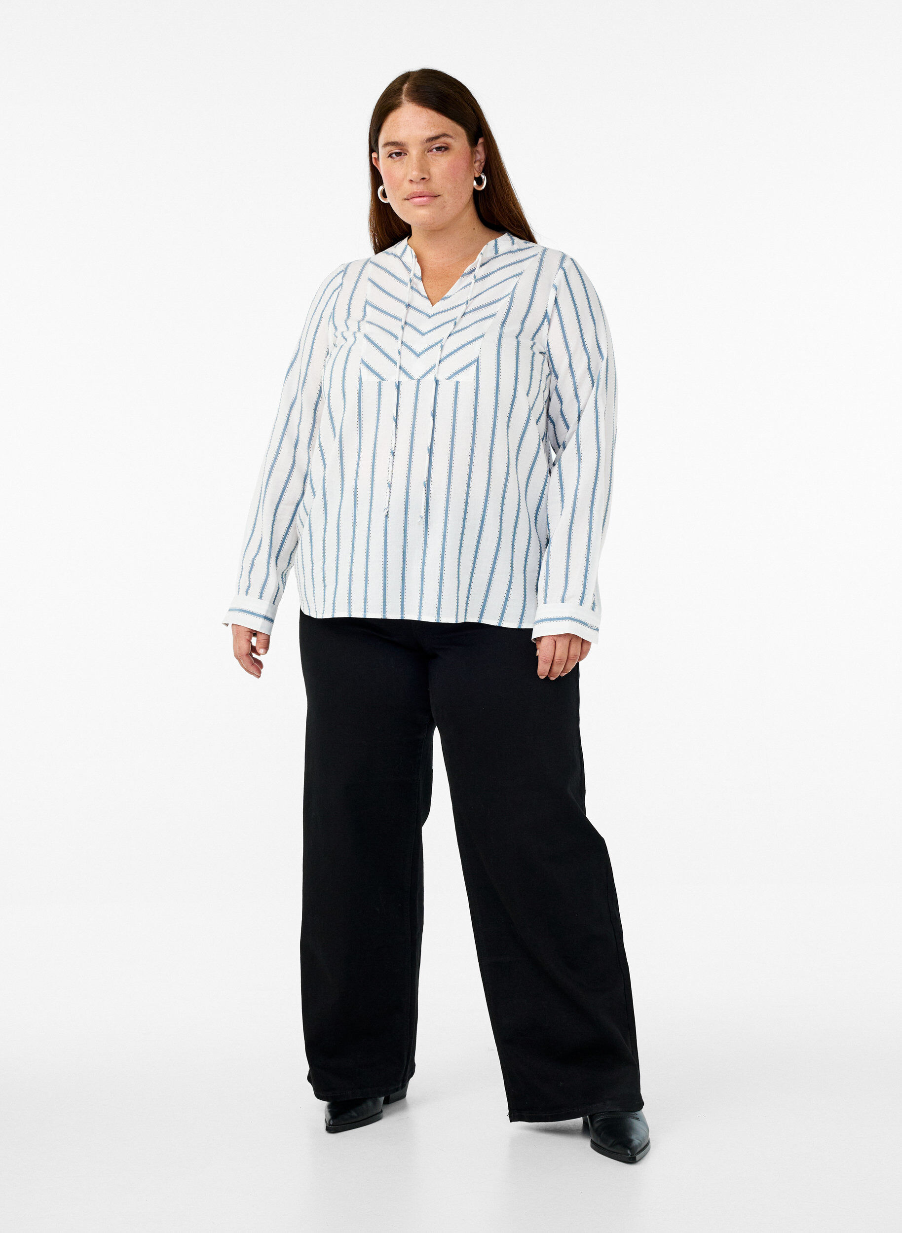 Zizzifashion Striped blouse with tie detail, White, Model image number 1