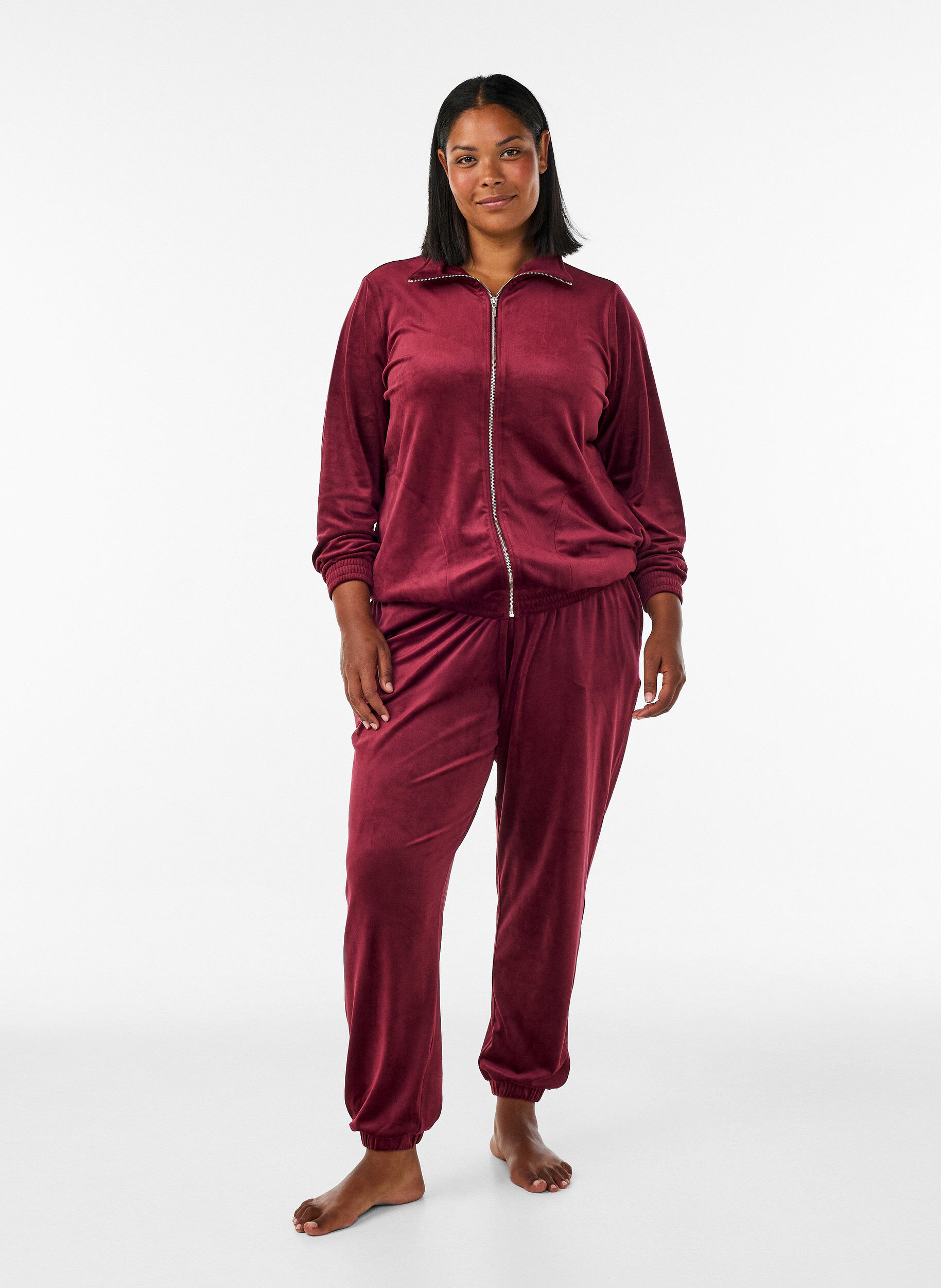 ZizzifashionSoft velour cardigan with a zipper and high collar, Red, Model image number 1