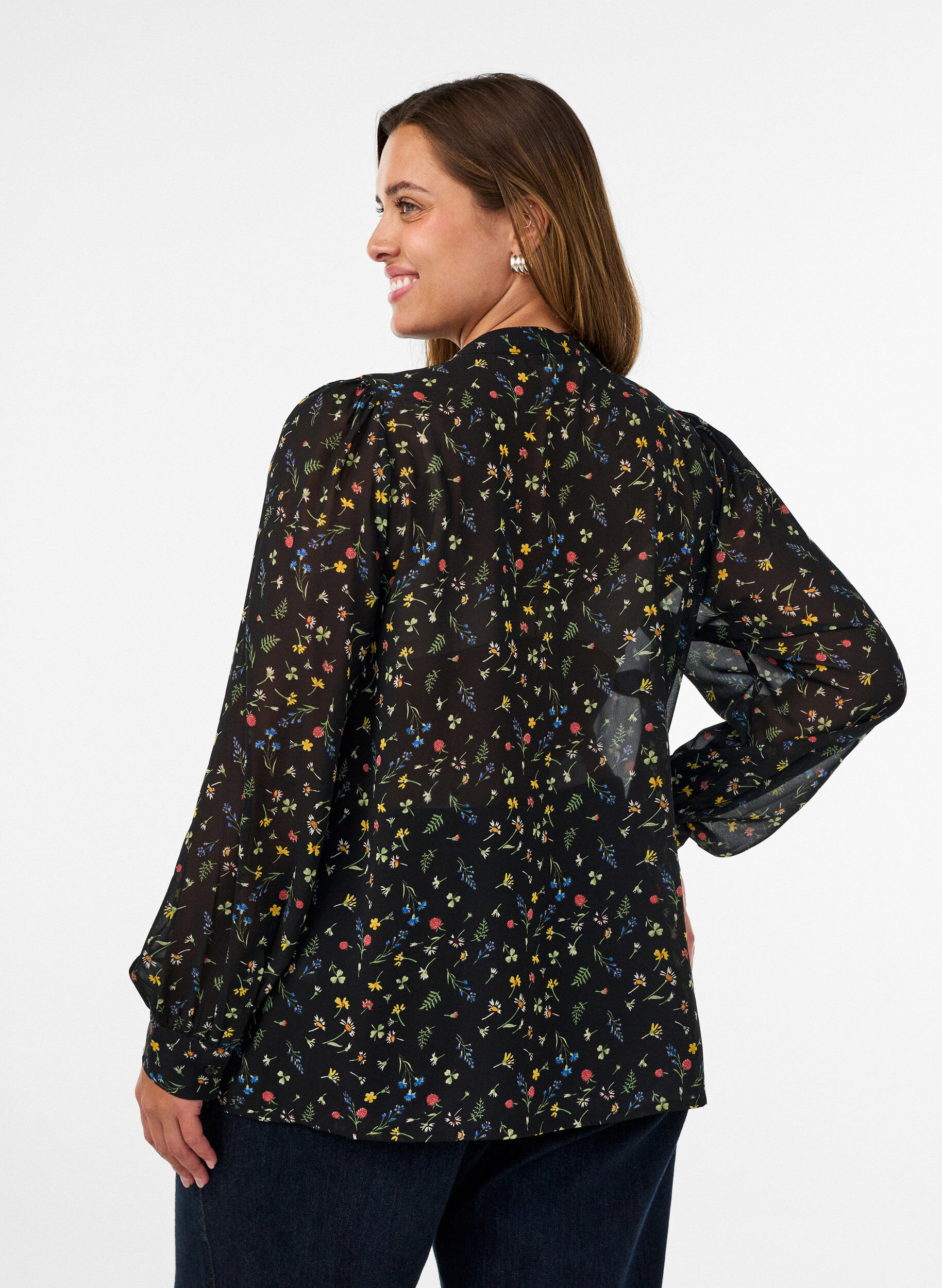 ZizzifashionBlouse with all-over print and short button placket, Black, Model image number 2