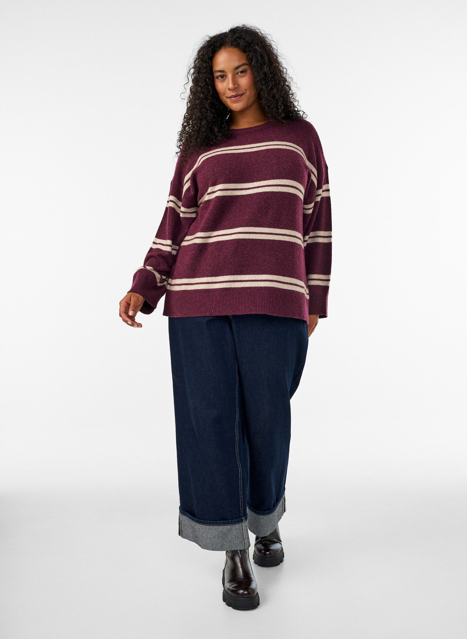 ZizzifashionKnitted blouse with double contrast stripes, Red, Model image number 1