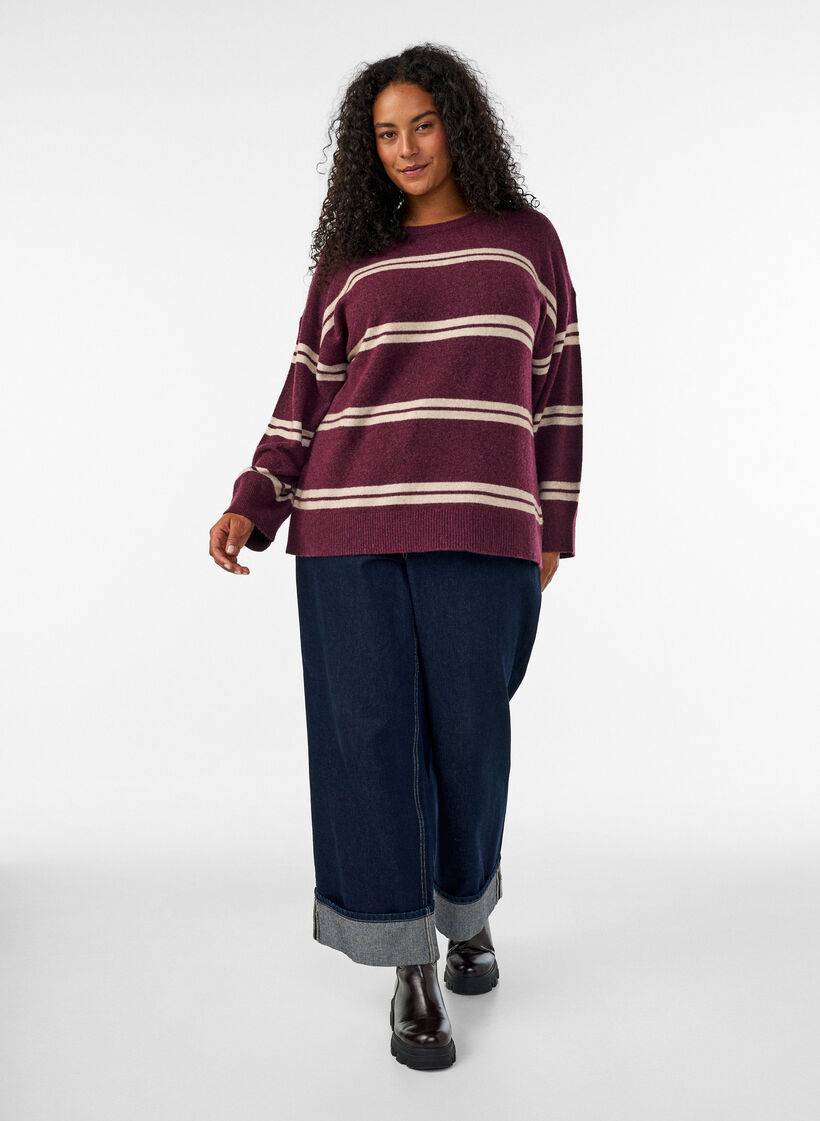 Knitted blouse with double contrast stripes, Red, Model image number 1