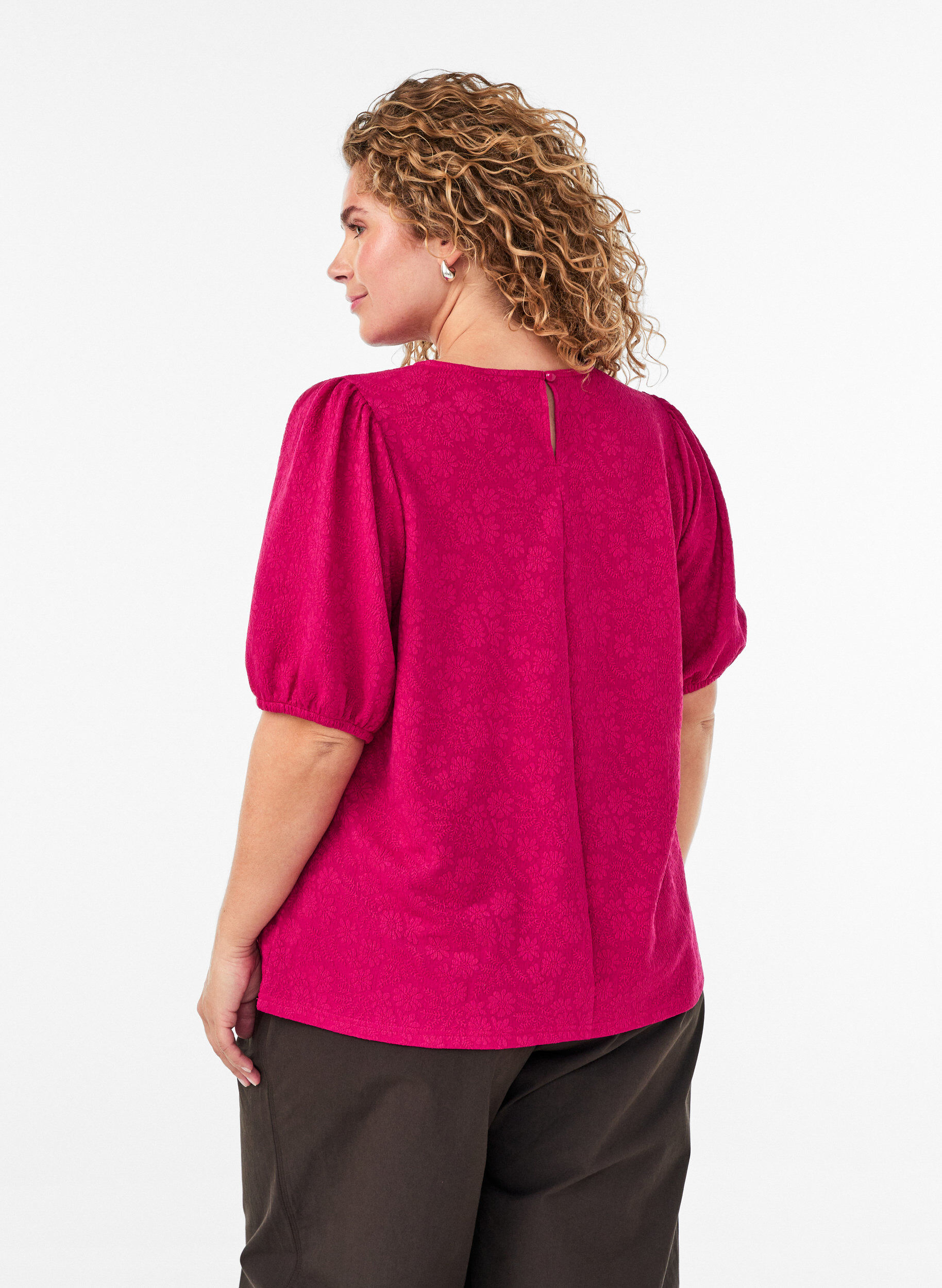Zizzifashion Blouse with texture and short sleeves, Pink, Model image number 2