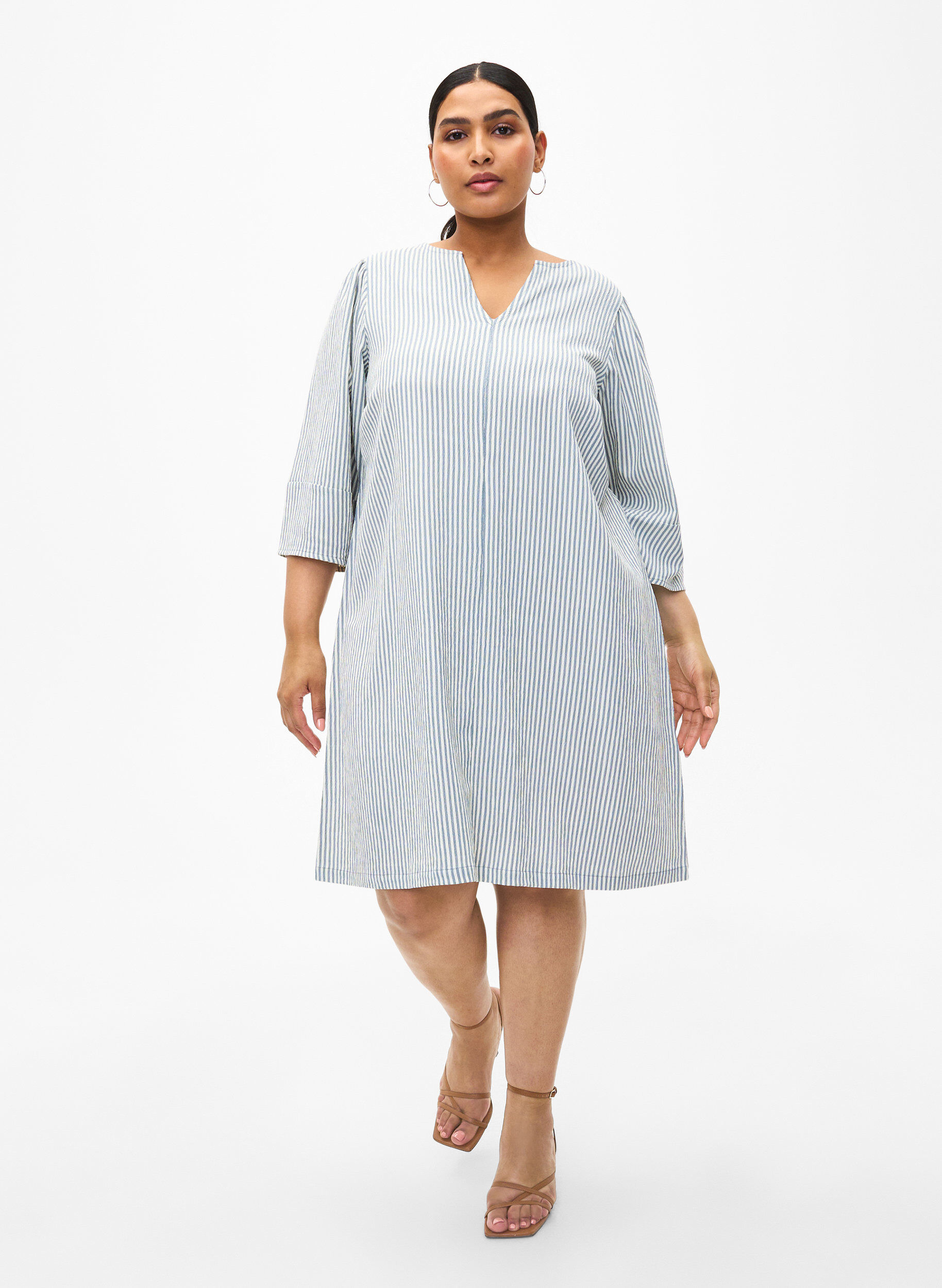 Zizzifashion Striped dress with 3/4 sleeves, Blue Stripe, Model image number 2