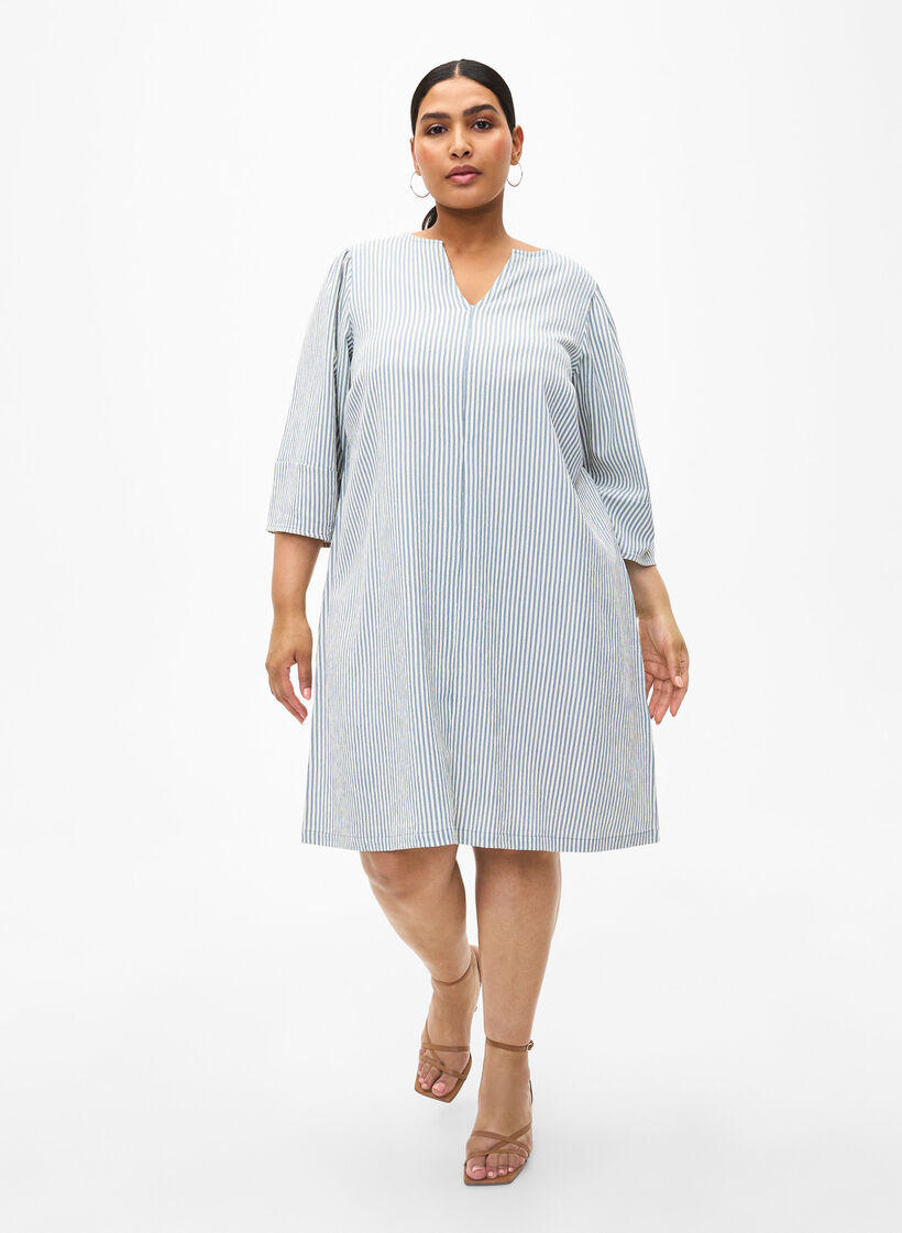Striped dress with 3/4 sleeves, Blue Stripe, Model image number 2