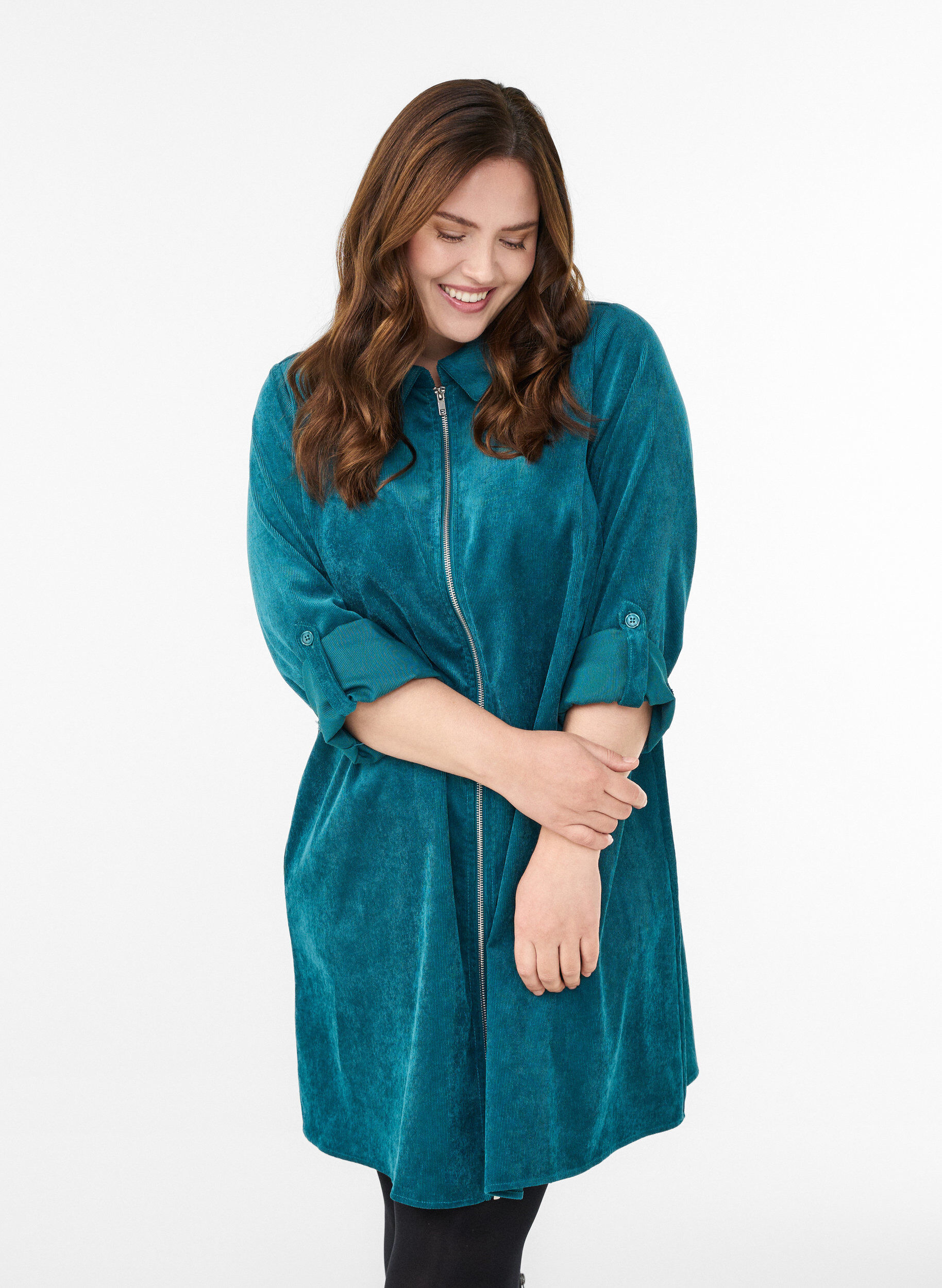 ZizzifashionCorduroy dress with zipper and 3/4 sleeves, Green, Model image number 0