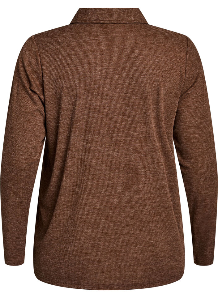 Long-sleeved polo in stretchy ribbed quality, Brown, Packshot image number 1