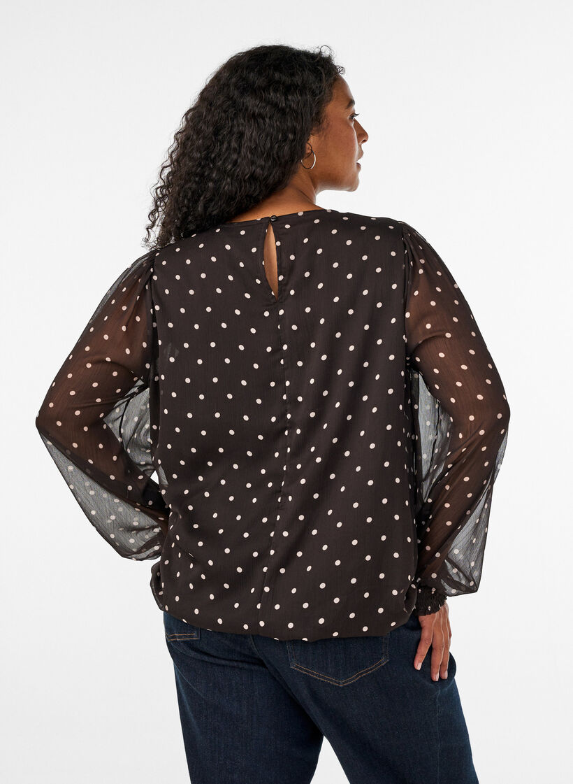 Dotted chiffon blouse with sheer sleeves, Brown, Model image number 2