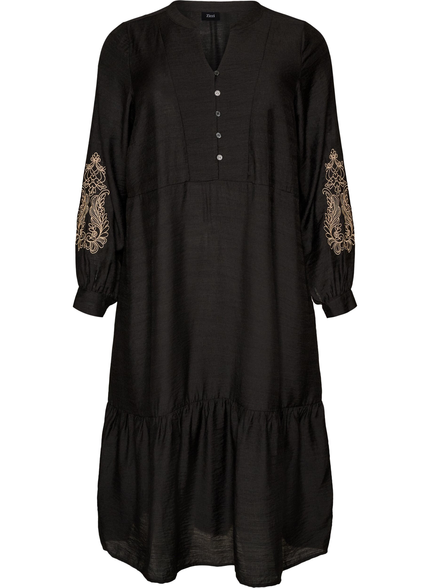 ZizzifashionViscose dress with embroidery and tiered ruffles, Black, Packshot image number 0