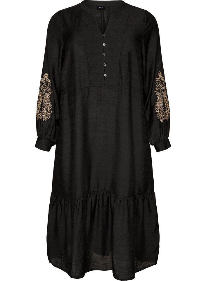 Viscose dress with embroidery and tiered ruffles, Black, Packshot image number 0