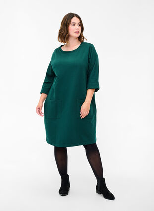 Cotton sweat dress with 3/4 sleeves and pockets, Ponderosa Pine, Model image number 2