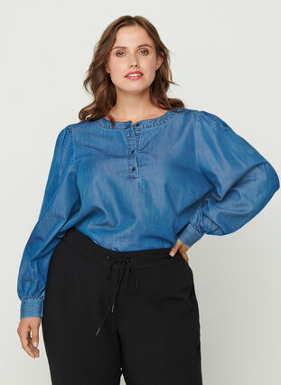 Blouse with long puff sleeves and buttons, Blue denim, Model image number 0