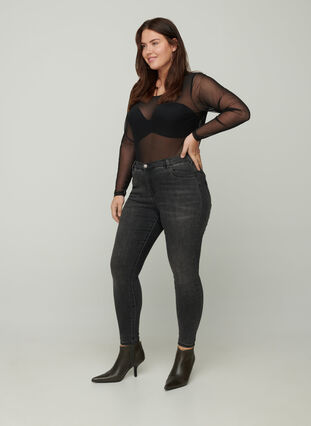 Close-fitting mesh blouse, Black, Model image number 2