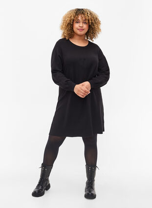 Knitted dress with balloon sleeves, Black Solid, Model image number 2