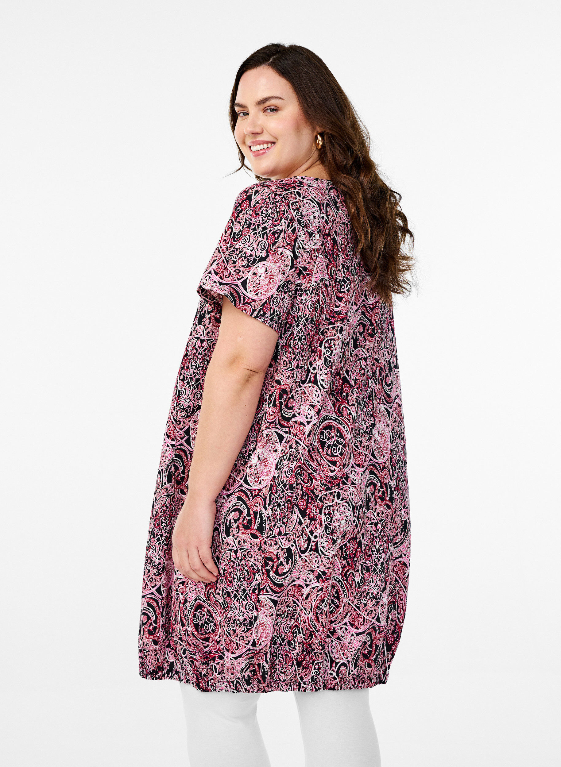 Zizzifashion Short-sleeved cotton dress with print, Black, Model image number 2