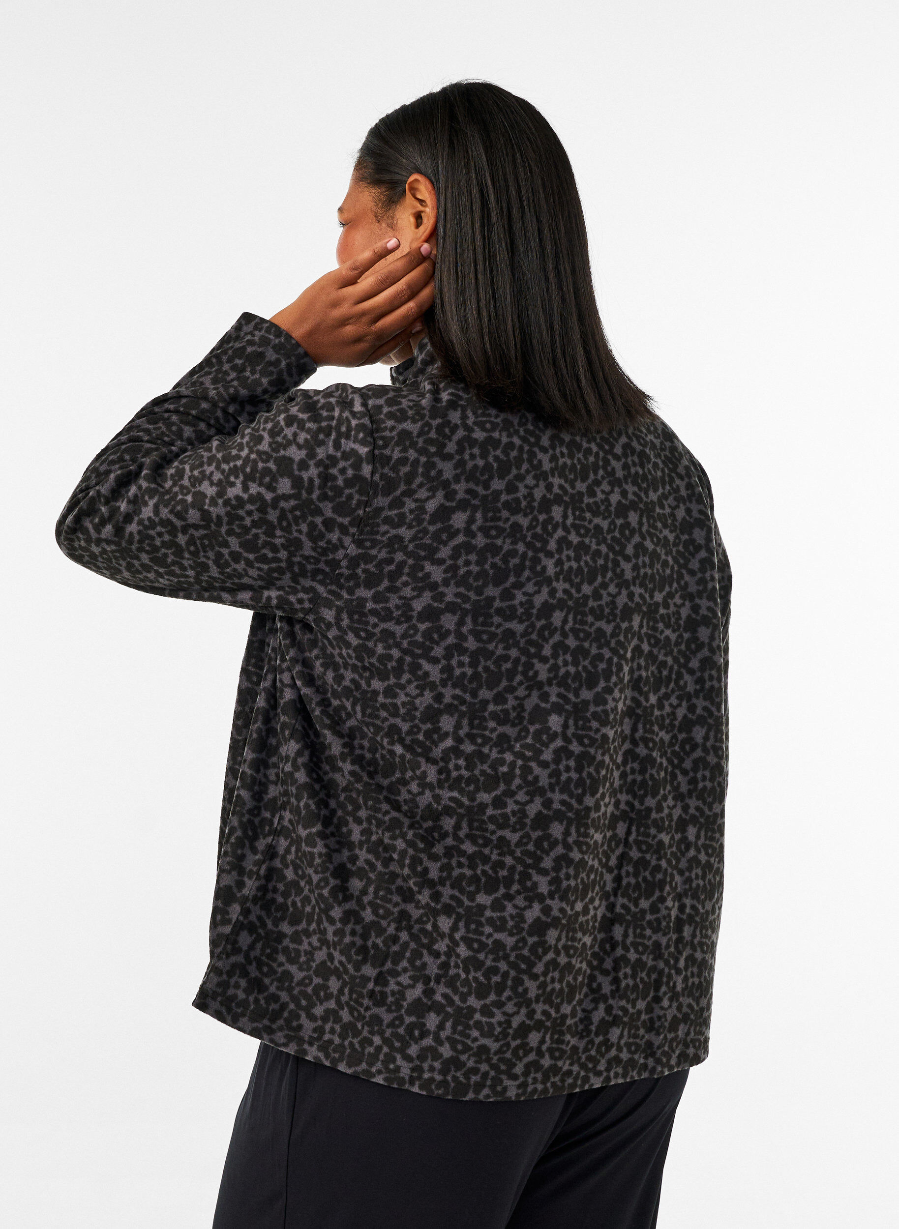 ZizzifashionFleece jacket with leopard print and a high collar, Black, Model image number 2