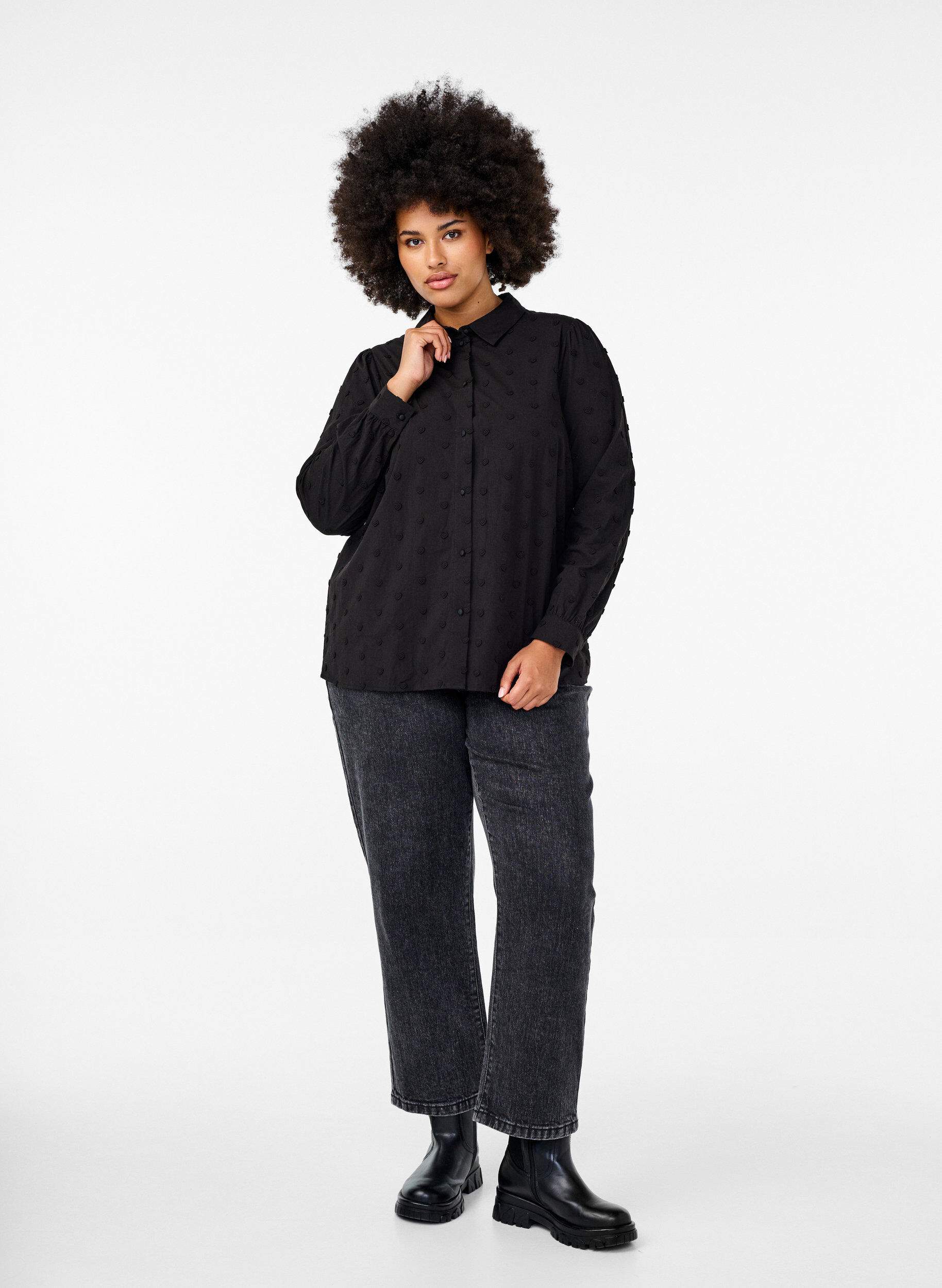 Zizzifashion Shirt with collar and sewn-on hearts, Black, Model image number 1