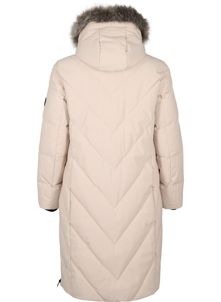 Long winter coat with hook fastenings and a faux fur collar, Beige, Packshot image number 1