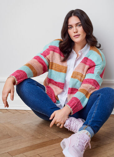 Knitted cardigan with stripes and lurex, Pink Comb, Image image number 0