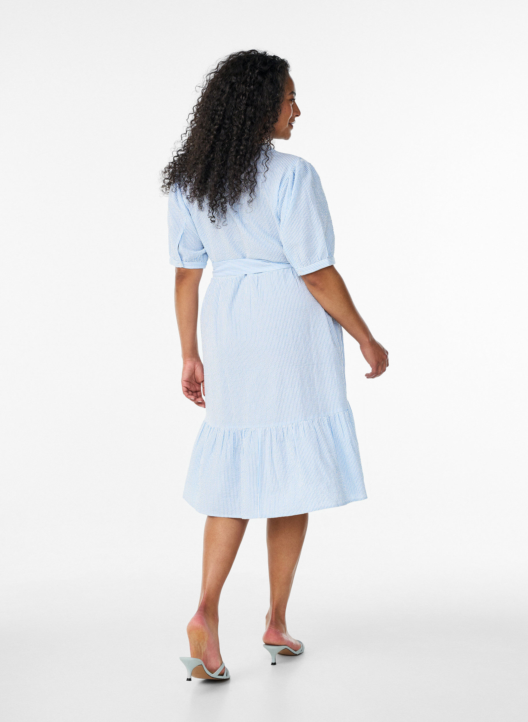 Zizzifashion Striped midi dress in cotton with a tie-belt, White, Model image number 2
