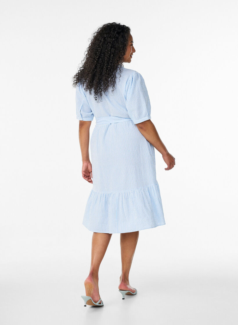Striped midi dress in cotton with a tie-belt, White, Model image number 2