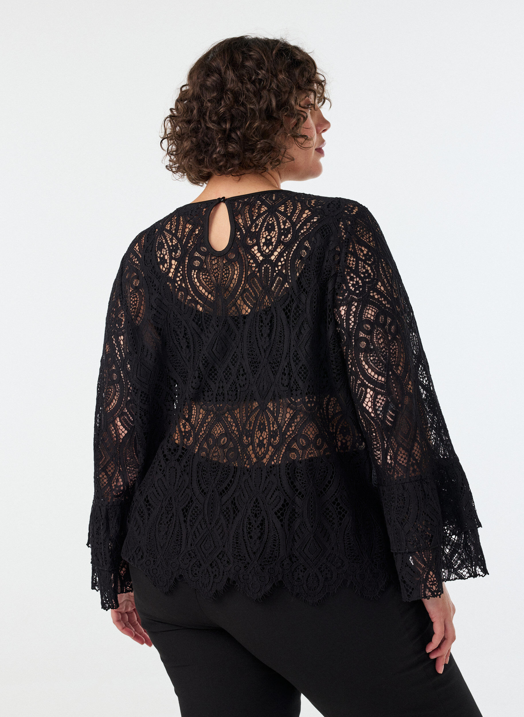 ZizzifashionLace blouse with long trumpet sleeves and ruffles, Black, Model image number 2