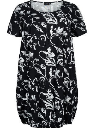 Short-sleeved cotton dress with floral print, Black W. AOP White, Packshot image number 0