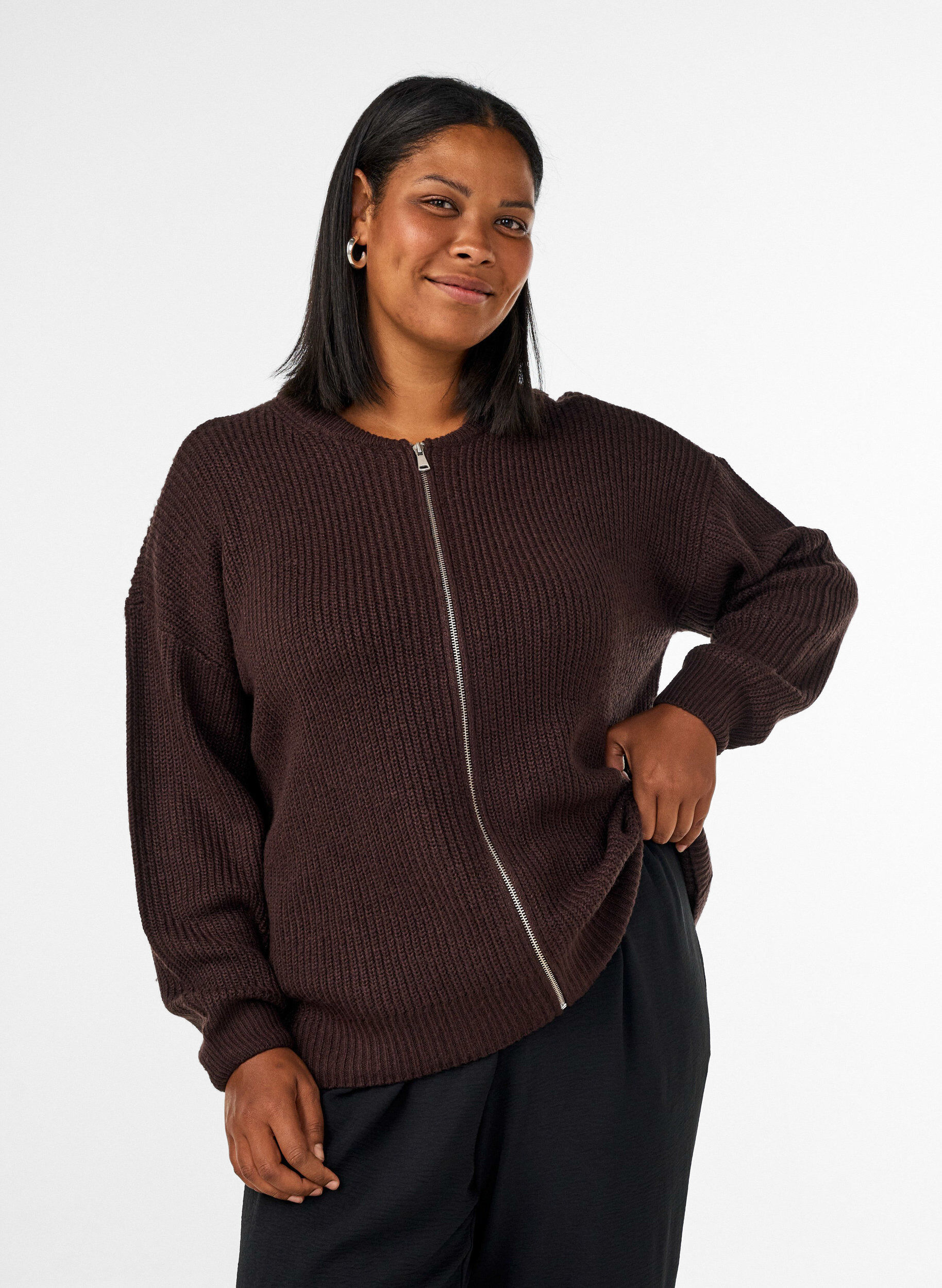 ZizzifashionKnit cardigan with zip, Brown, Model image number 0