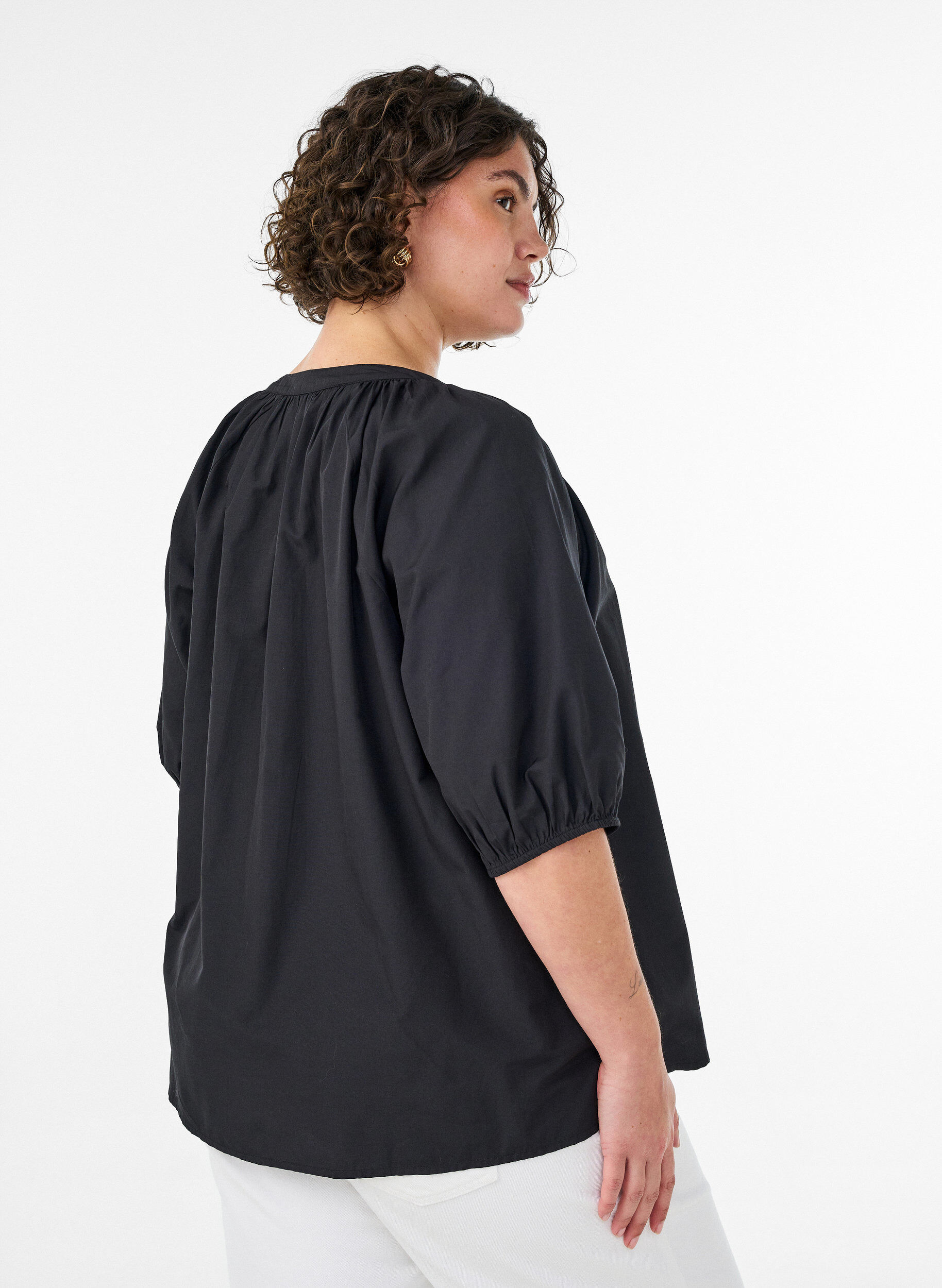 Zizzifashion Shirt blouse with button fastening and tie-belt, Black, Model image number 2