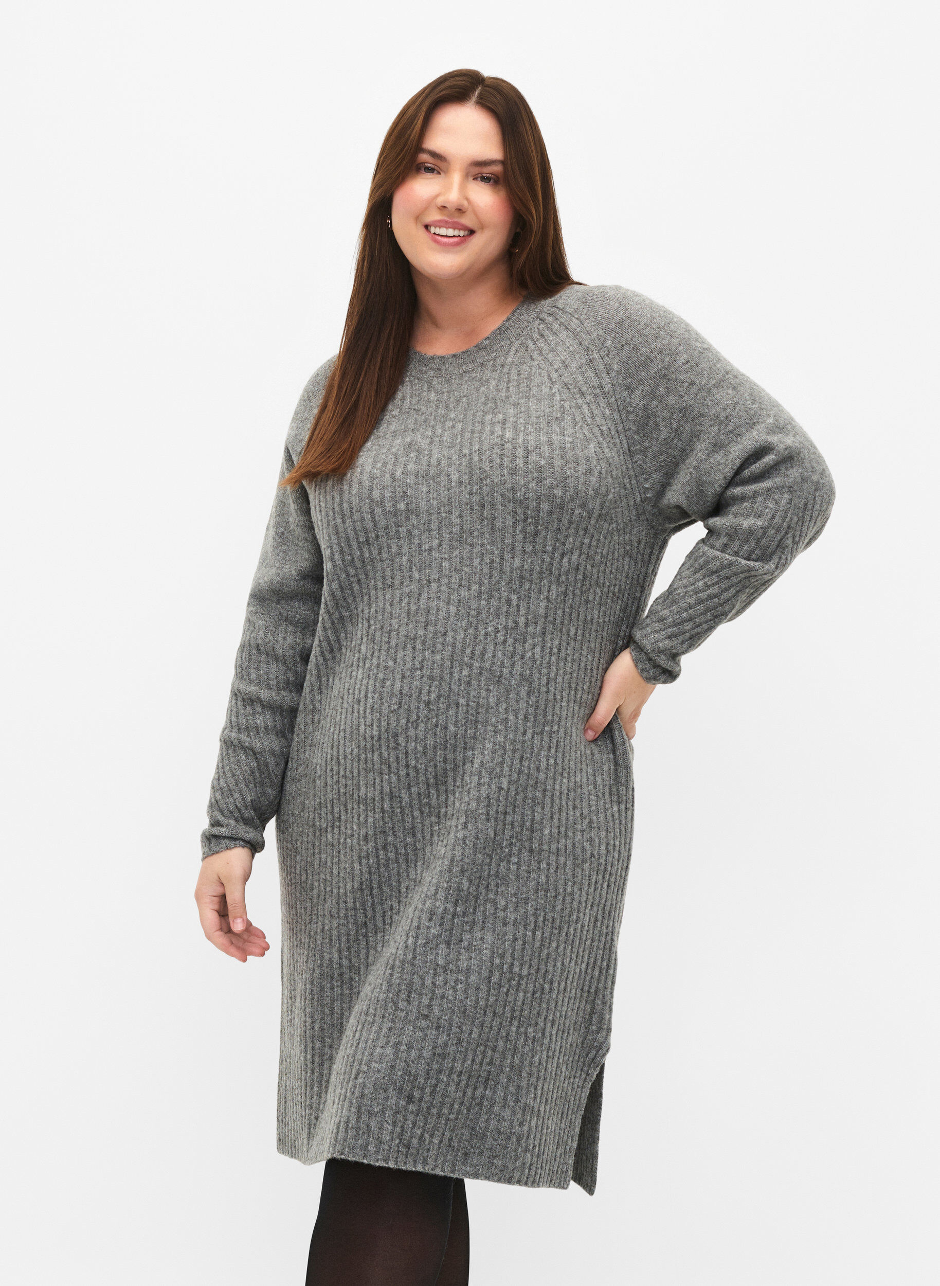 Zizzifashion Rib-knit dress with slit, Light Grey Melange, Model image number 0