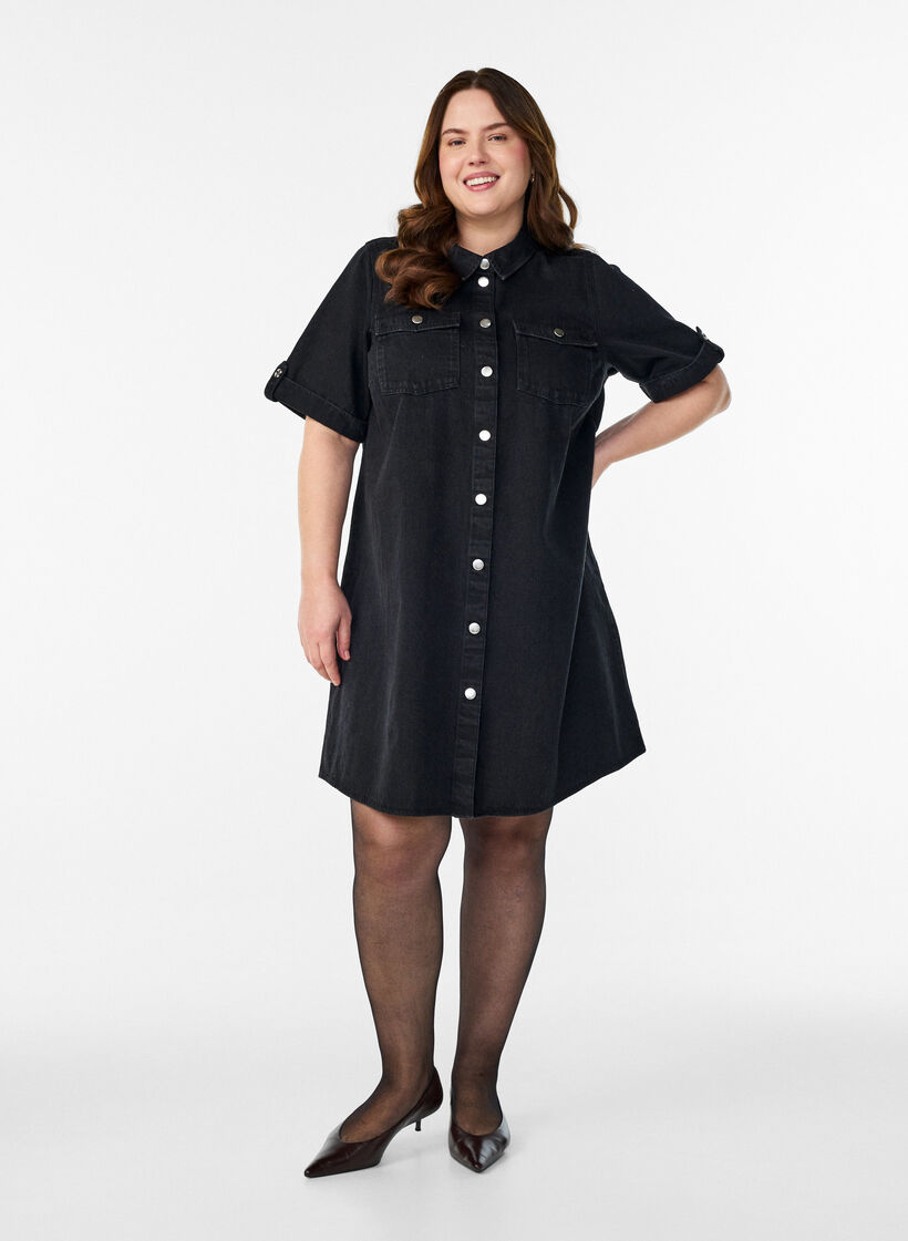 Denim dress with short sleeves and buttons, Black, Model image number 1