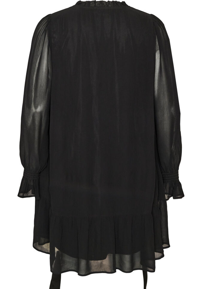 Viscose dress with ruffles and sheer sleeves, Black, Packshot image number 1