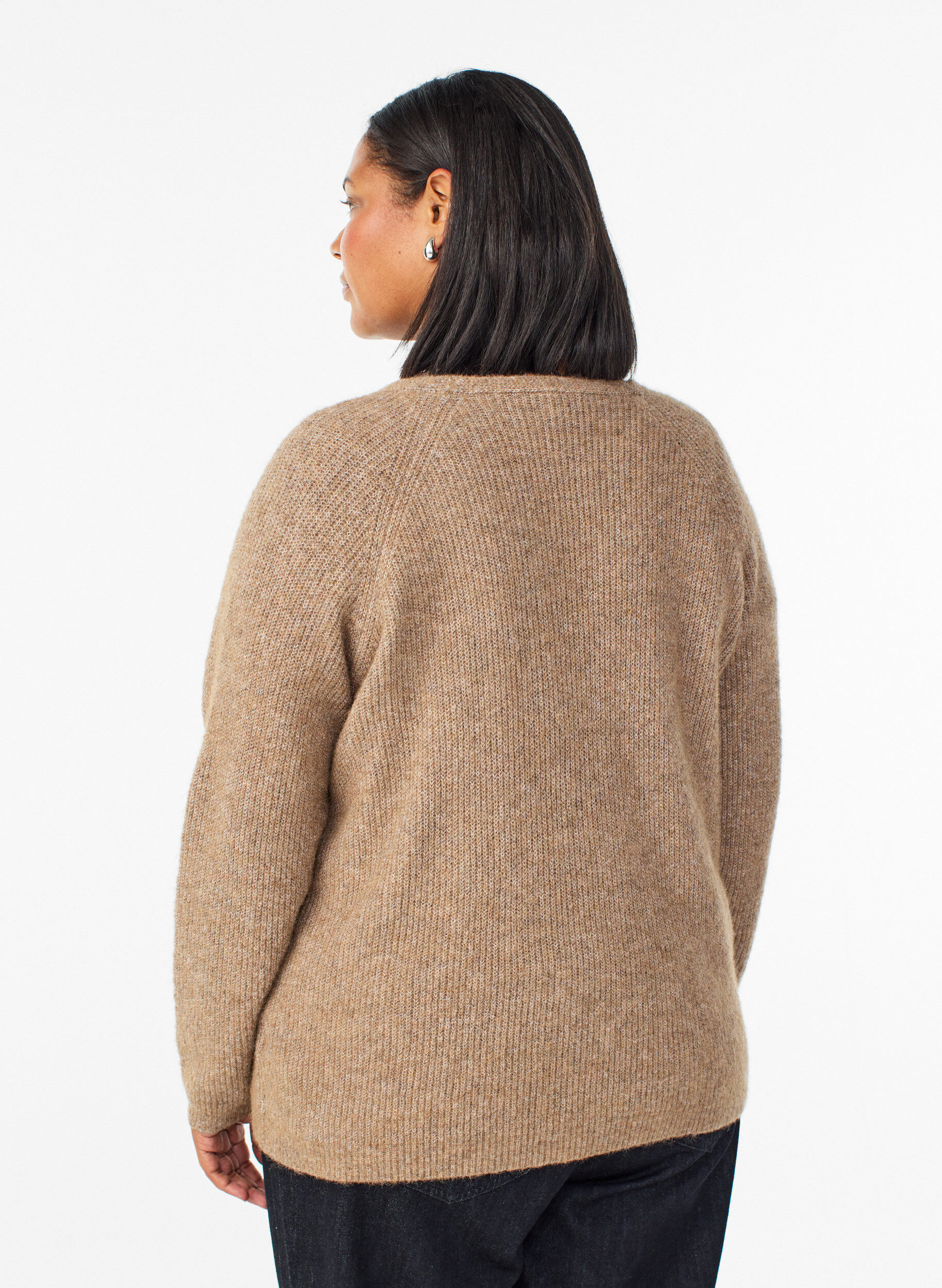 ZizzifashionKnitted blouse with V-neck and raglan sleeves, Brown, Model image number 2