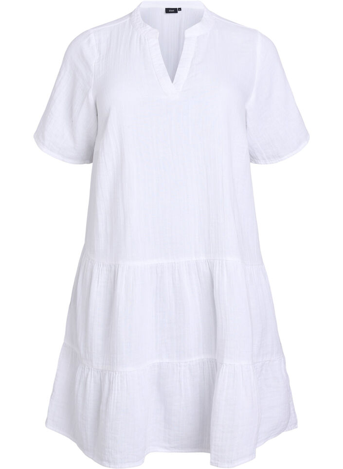 Short dress in cotton muslin with a pattern, White, Packshot image number 0