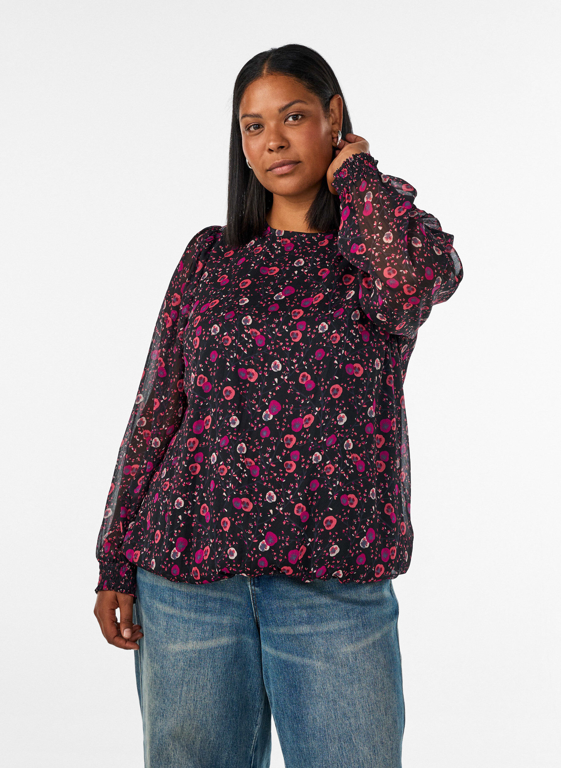 ZizzifashionFloral chiffon blouse with sheer sleeves, Black, Model image number 0