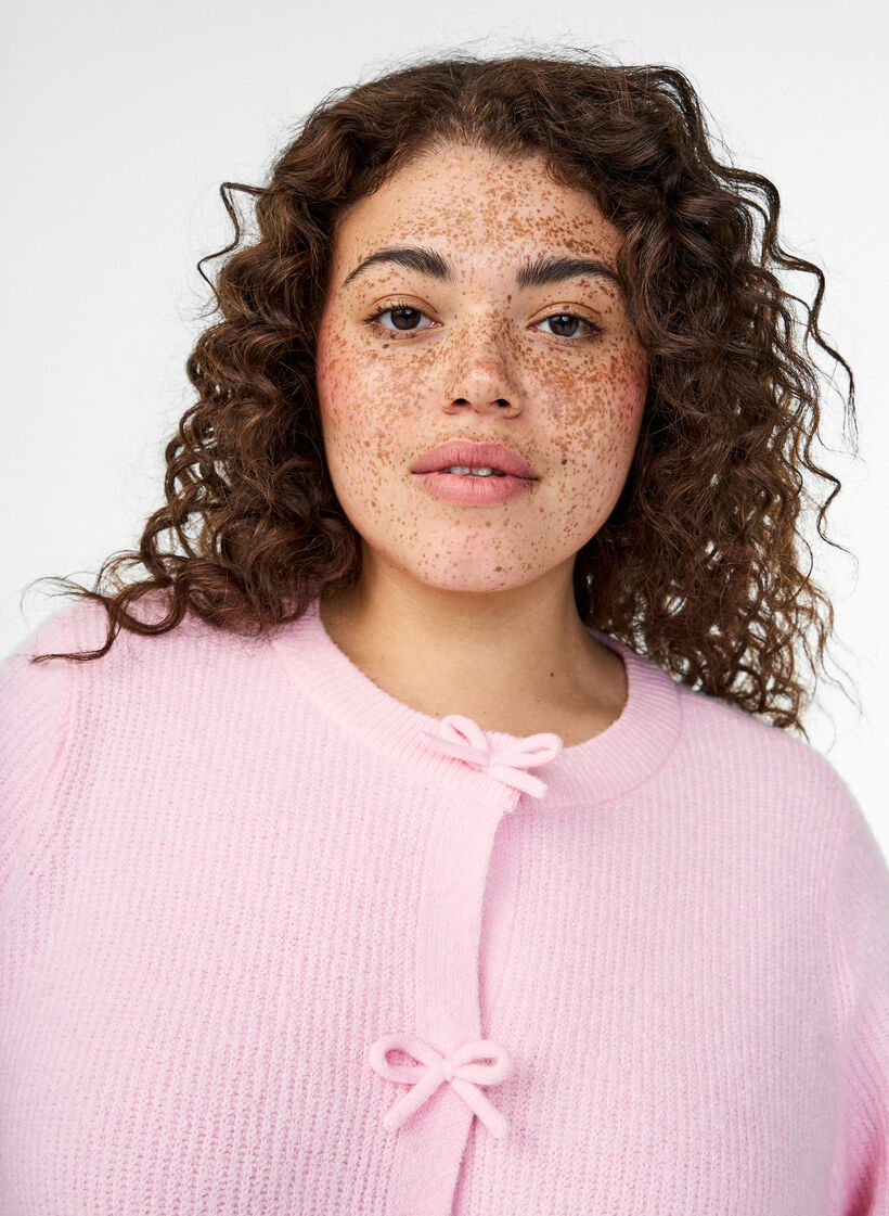 Short-sleeved knit cardigan with bows, Pink, Model image number 3