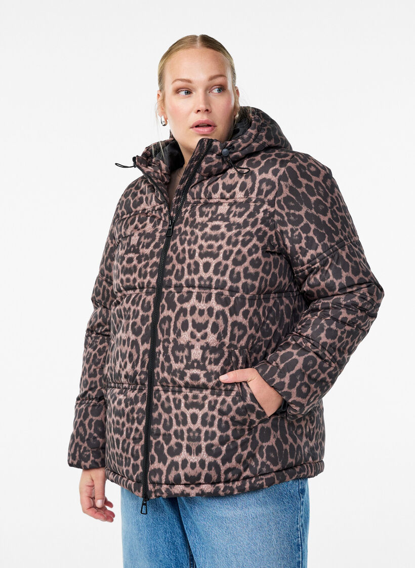 Short puffer jacket with a hood and two-way zipper, Black, Model image number 0