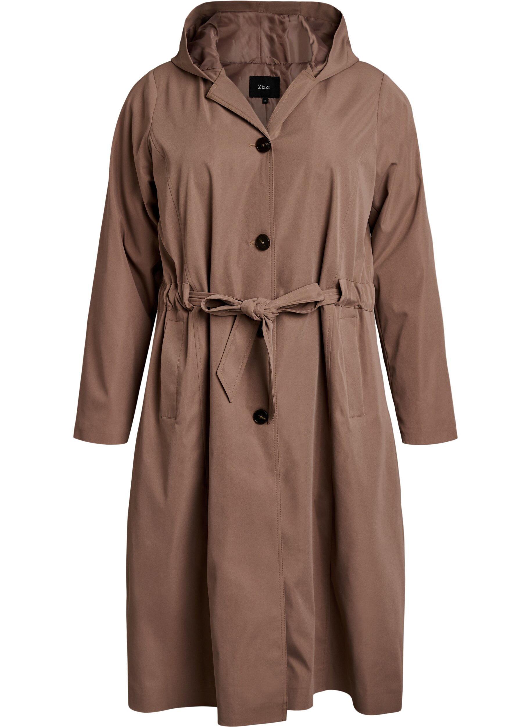 Trench coat with hood and tie belt