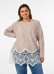 Knitted blouse with raglan sleeves and a wide lace trim, Beige, Model image number 0