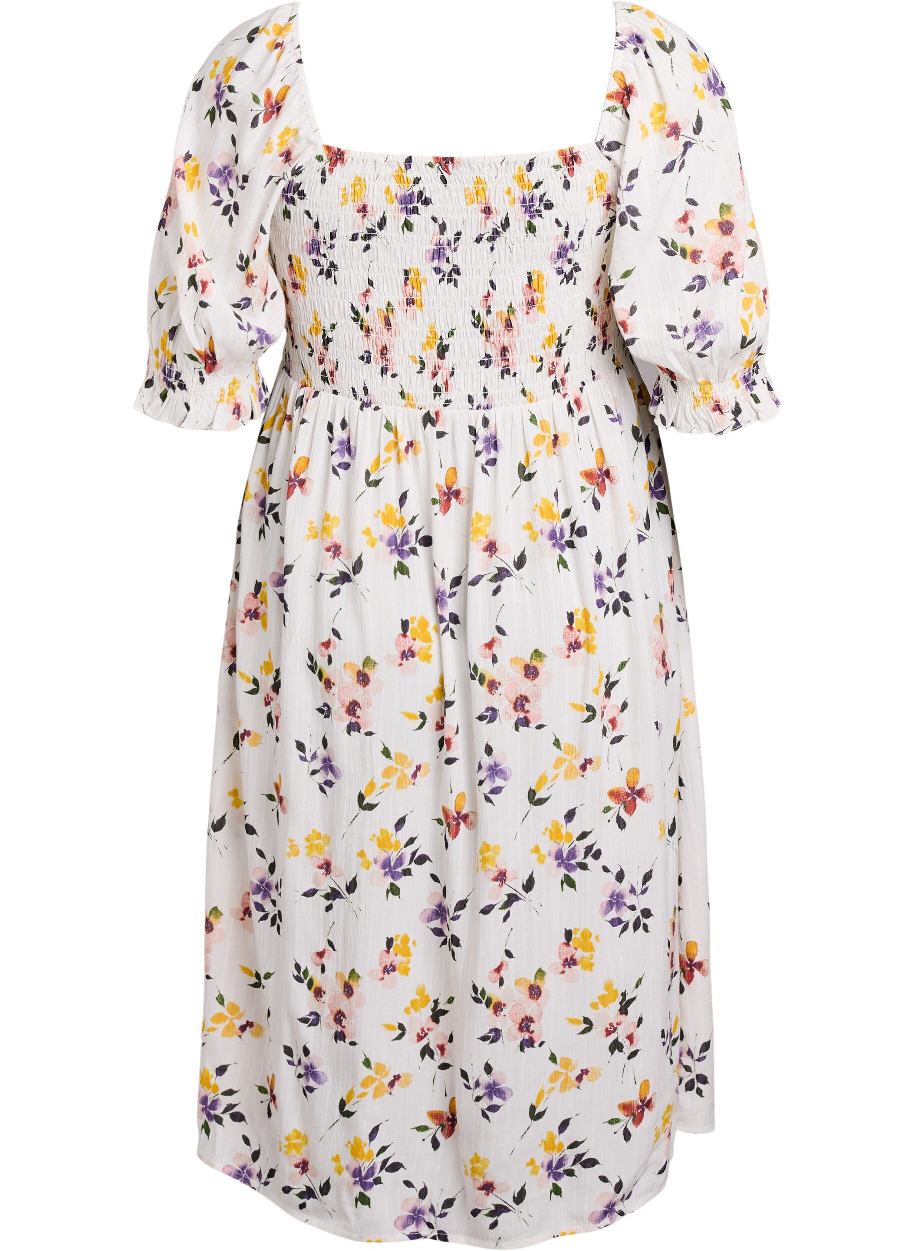 Zizzifashion Floral viscose midi dress with smock, White, Packshot image number 1