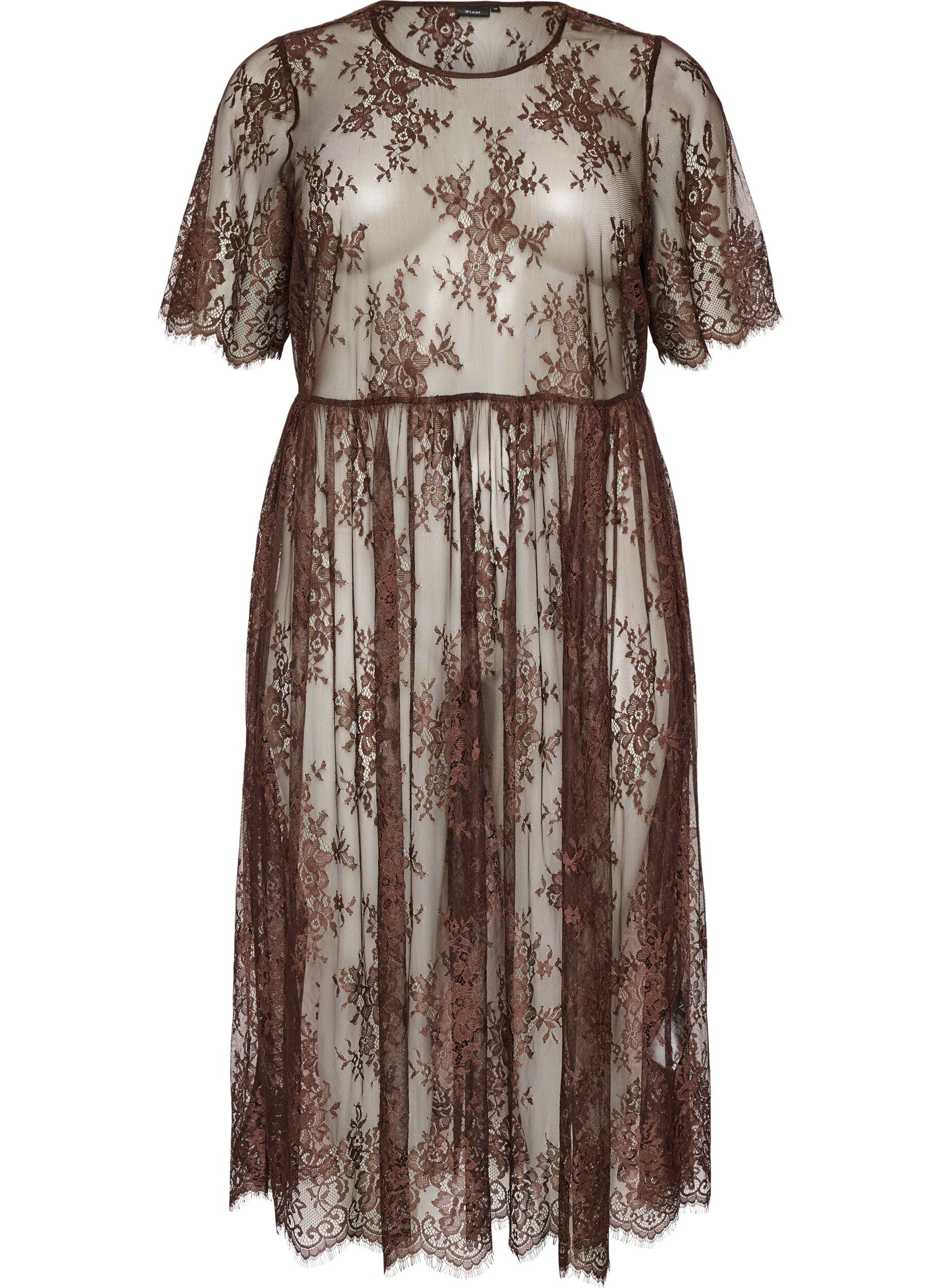 Zizzifashion Sheer lace midi dress with short sleeves, Brown, Packshot image number 0