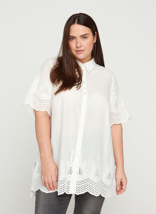 Short-sleeved tunic with broderie anglaise, Bright White, Model image number 0