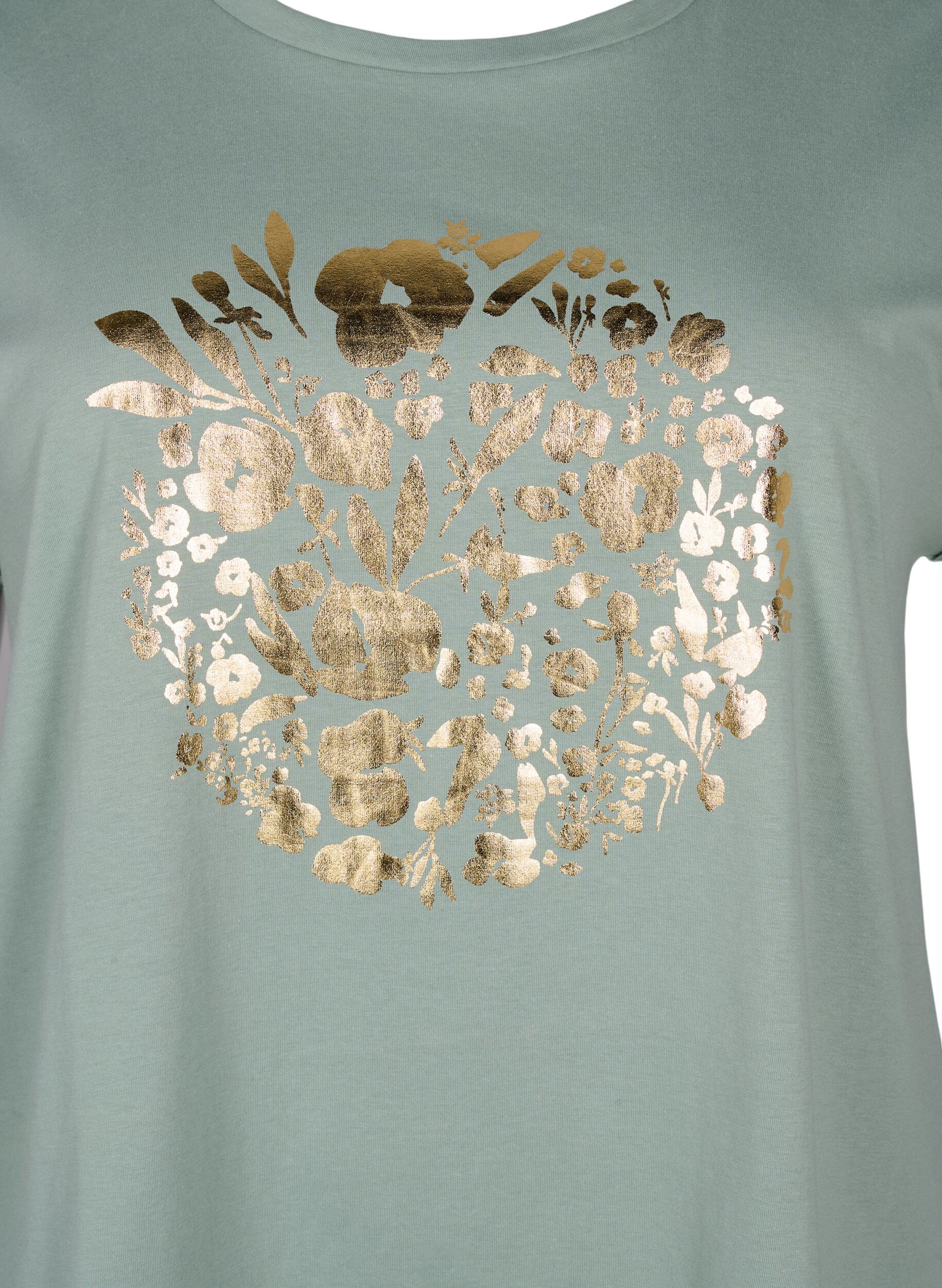 Zizzifashion Organic cotton T-shirt with gold print, Ch.Green Gold Flower, Packshot image number 2