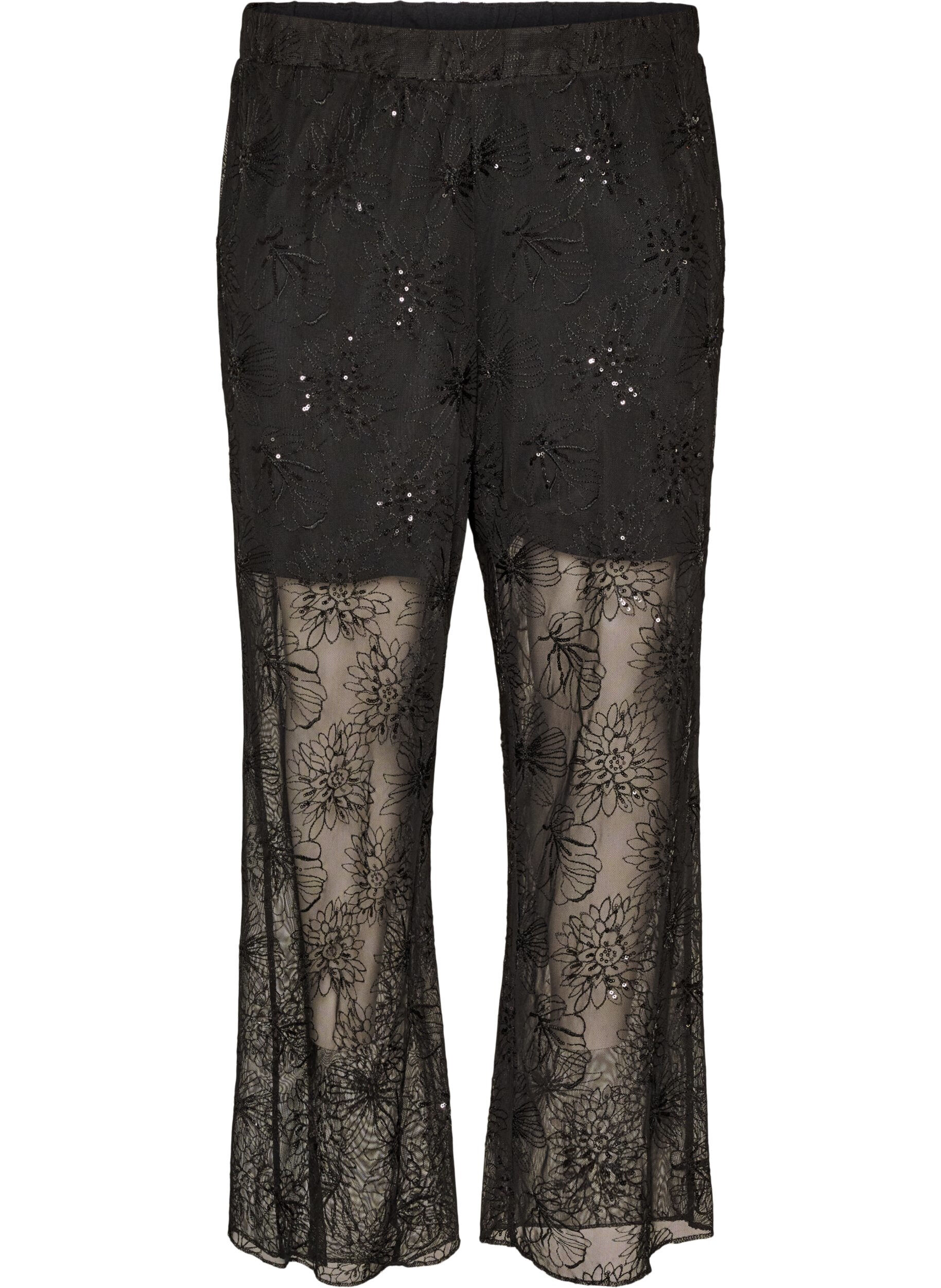 ZizzifashionMesh trousers with floral embroidery and sequins, Black, Packshot image number 0