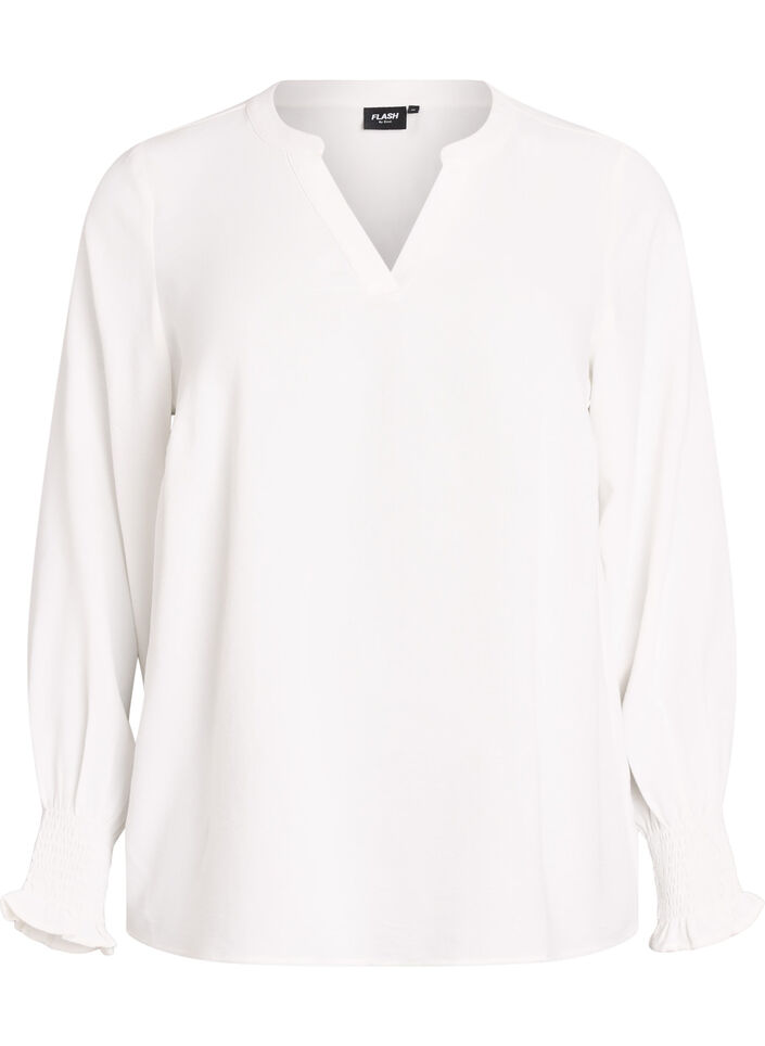 Blouse with smock cuffs and V-neck, Vanilla, Packshot image number 0