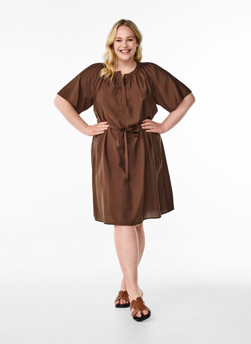 Knee-length dress with short sleeves and tie belt, Brown, Model image number 1