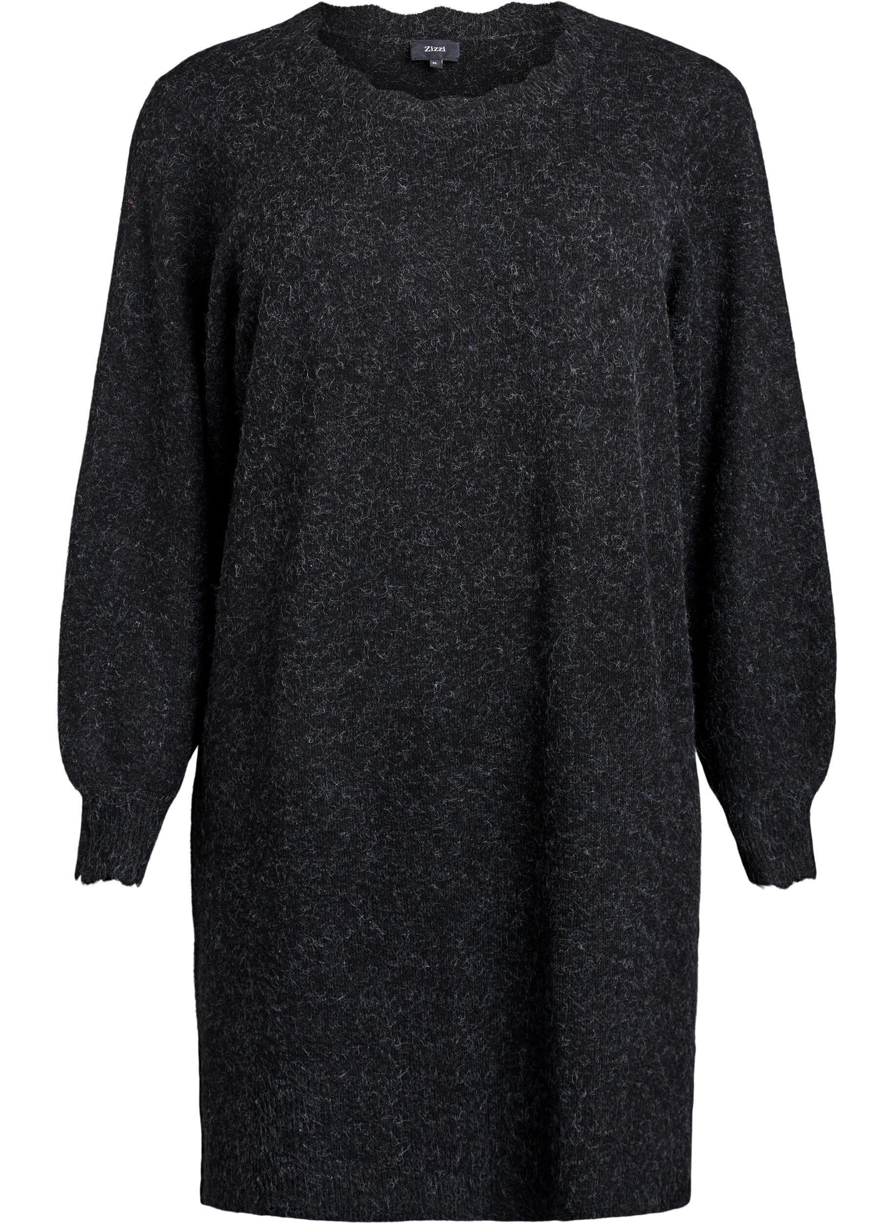 ZizzifashionShort knitted dress with wavy hem and slits, Dark Grey, Packshot image number 0
