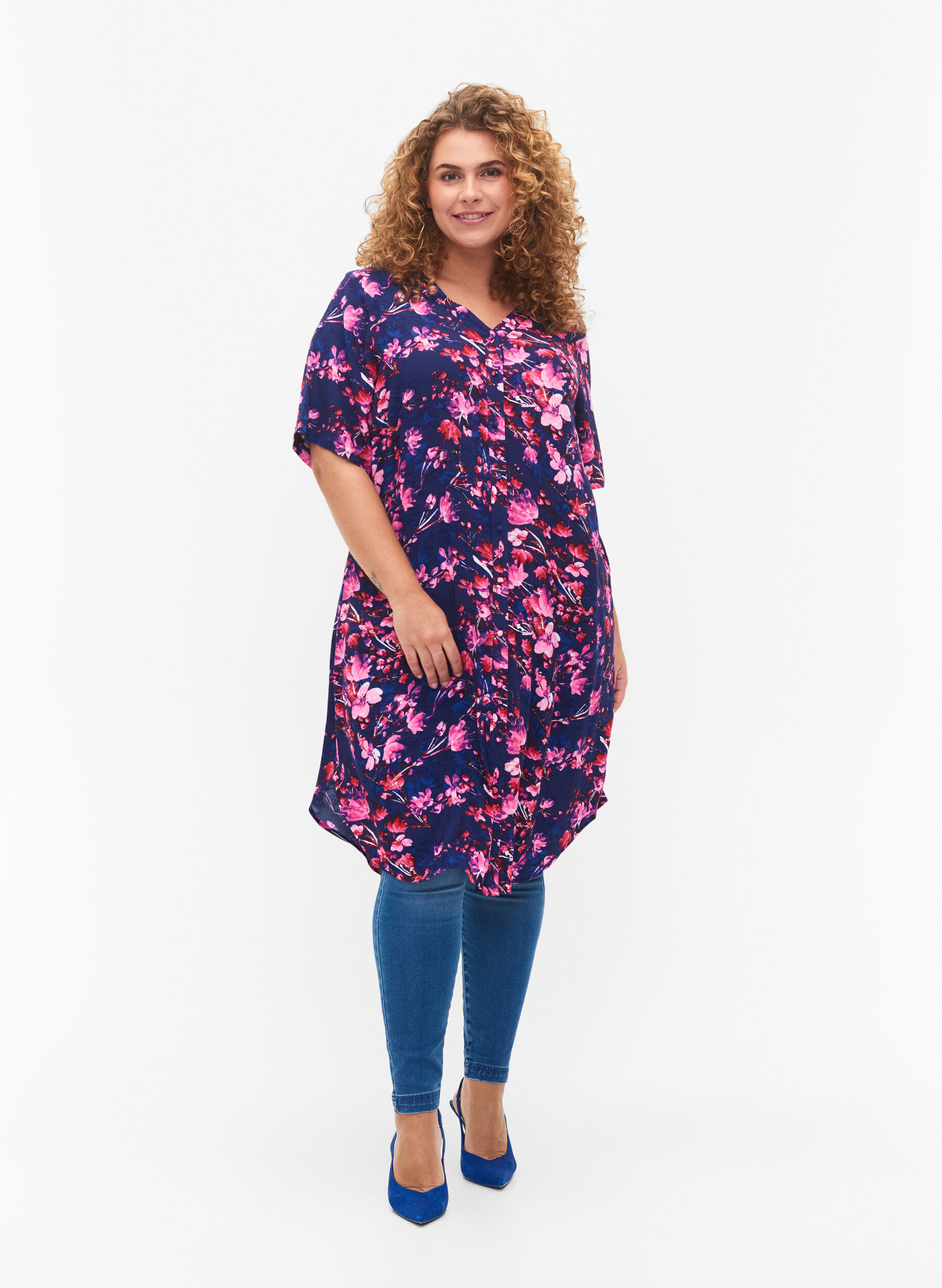Zizzifashion Viscose midi dress with floral print, B. Blue Pink Flower, Model image number 2